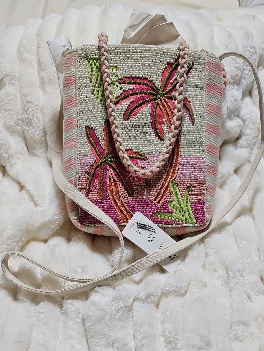 The Viral Beaded Palm Tree Crossbody Bag. Pink And White